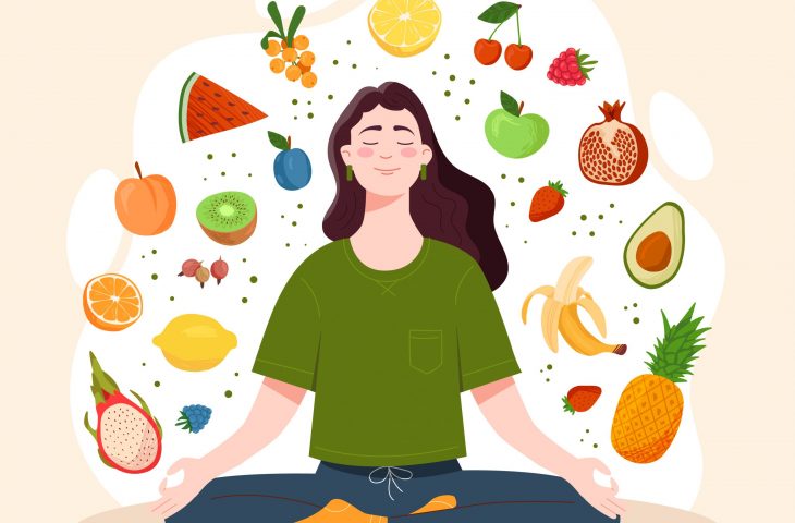 Femme qui médite et fruits et légumes en suspension autour d'elle